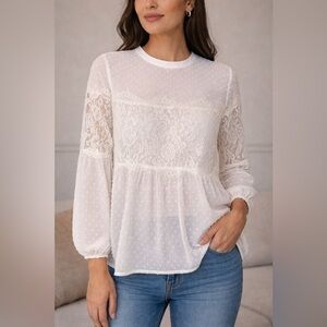 BCX White Lace Swiss-Dot Peplum Blouse